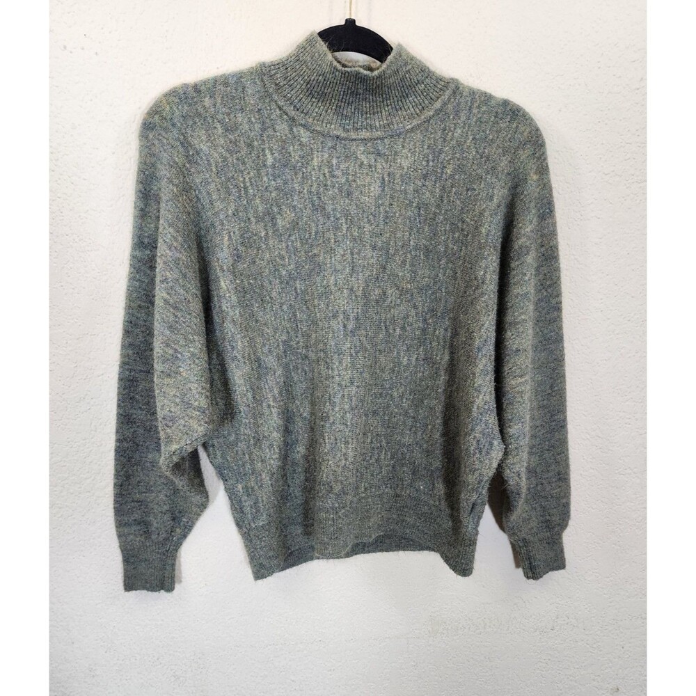 H&M Sweater Women Small Green Marled Mock Neck Knit Dolman Sleeve Wool Blend